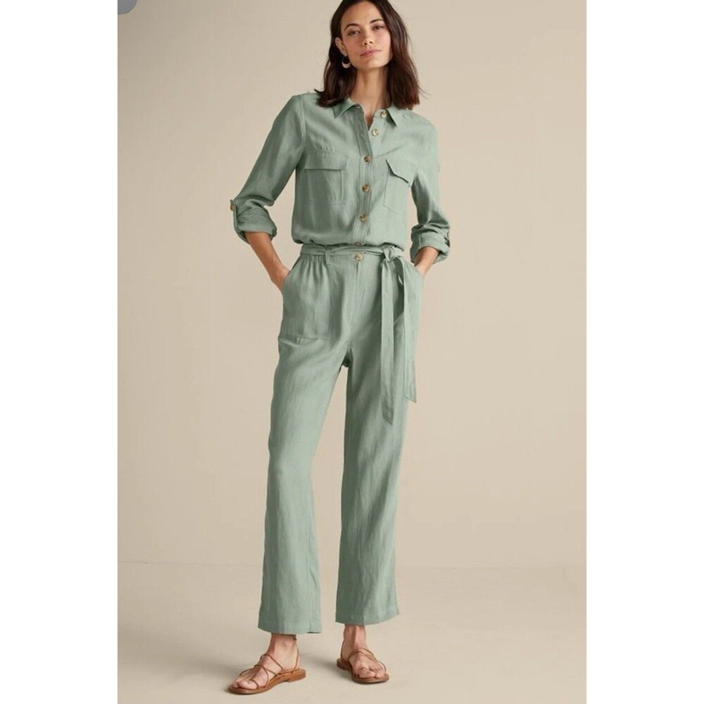 Soft Surroundings Size 14P Kerry Jumpsuit Green Milieu Linen Boho Utility